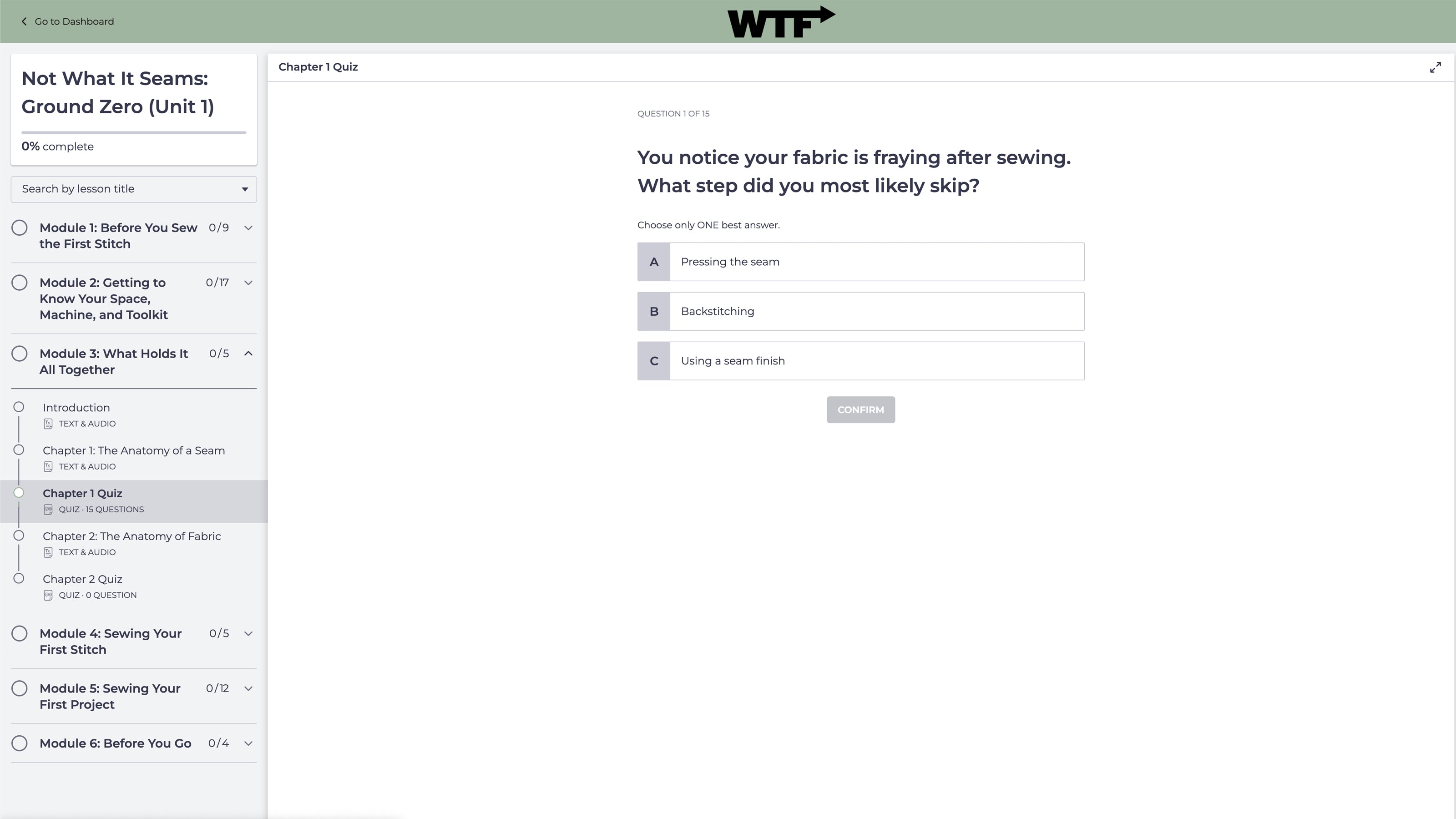 Preview of We The Future of Sewing's online sewing course, Not What It Seams: Ground Zero (Unit 1) Module 3 Chapter 1 Quiz